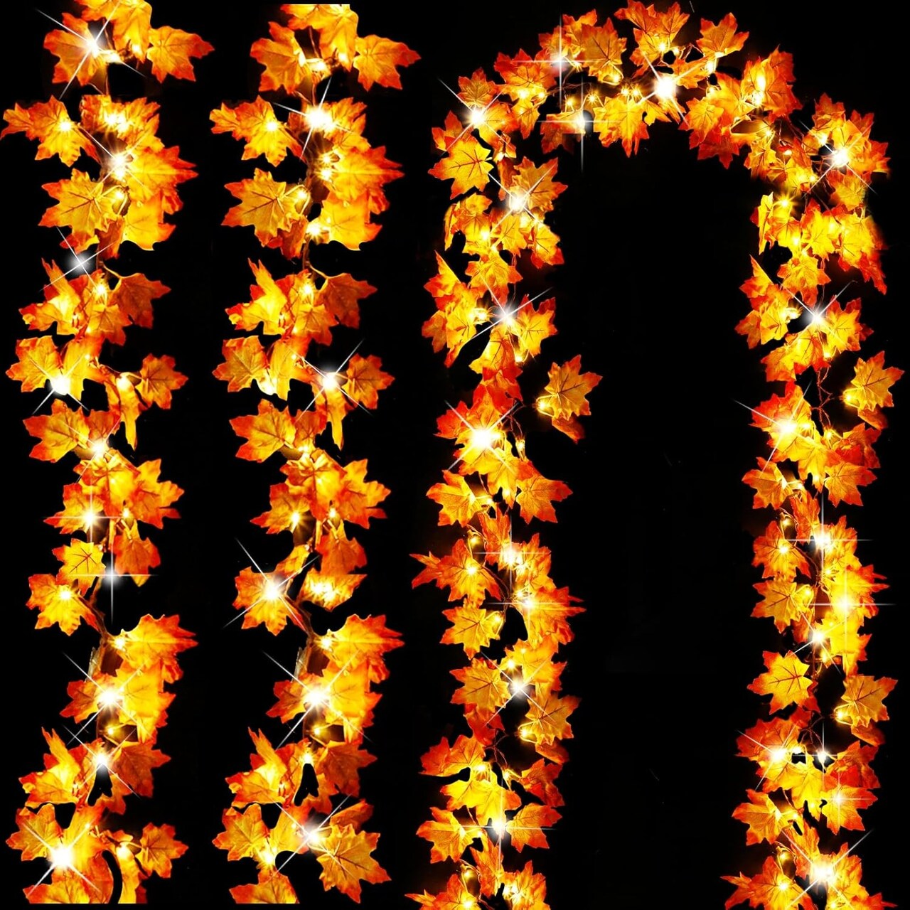Timer & 3 Pack 30Ft Fall Garland with 60 LED Maple Leaves – Battery Operated Thanksgiving Decorations, Waterproof Indoor/Outdoor String Lights for Autumn, Halloween, Christmas (Orange&yellow)